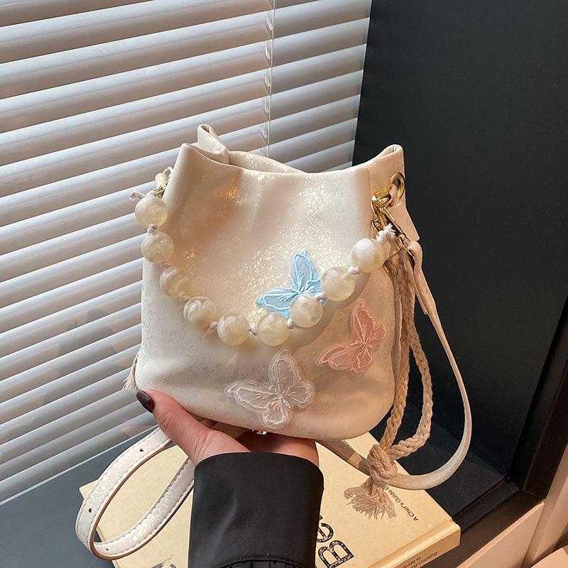 2025 New Chinese Style Butterfly Shoulder Bag Fashion Splicing Beaded Handbag Women's Versatile Messenger Bucket Bag
