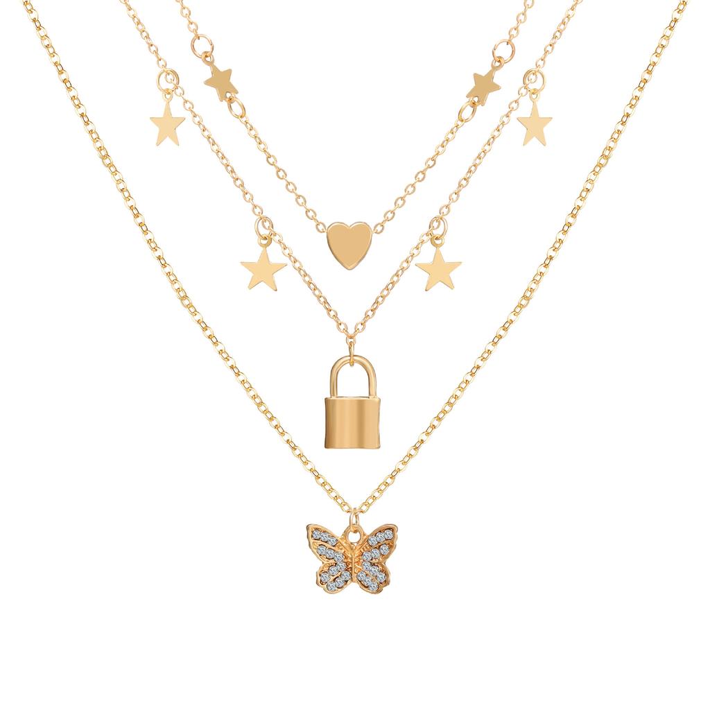 New Personalized Golden Butterfly Pendant Necklace, Creative Lock Pendant Stacked with Multi-layer Collarbone Chain for Women