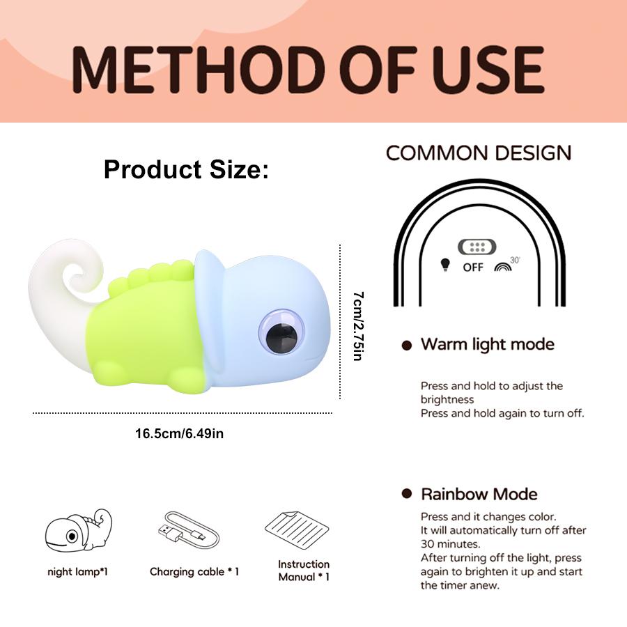 Chameleon Silicone Night Light Soft Nursery Nightlight,Rechargeable Dimmable LED Squishy Novelty Animal Bedside Lamp,Kid Gifts