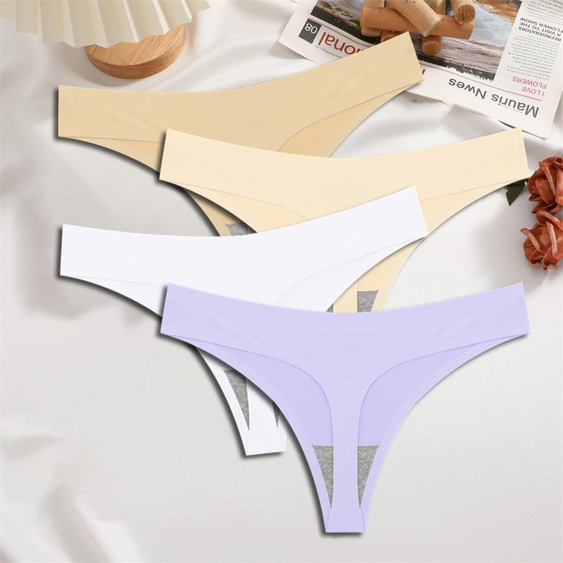 

FINETOO 4PCS Silk Satin Seamless Underwear Low Waist Thongs Sexy Solid Color Bikini Underpants Female Stretch Intimates Lingerie S