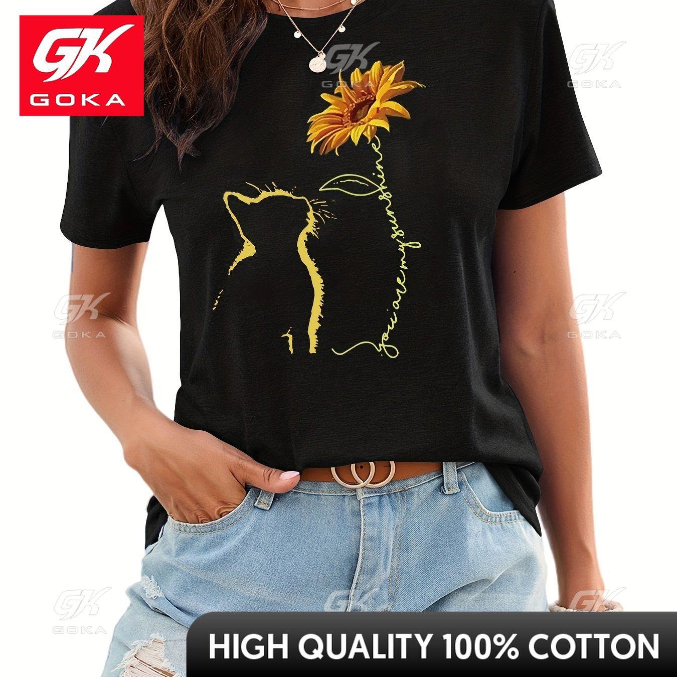 Tshirt Imprim Tournesol Et Chat Unisexches Courtes Col Rond Haut Dcontract Pour Lt Et Le Printemps VteUnisexts Pour Femmes S