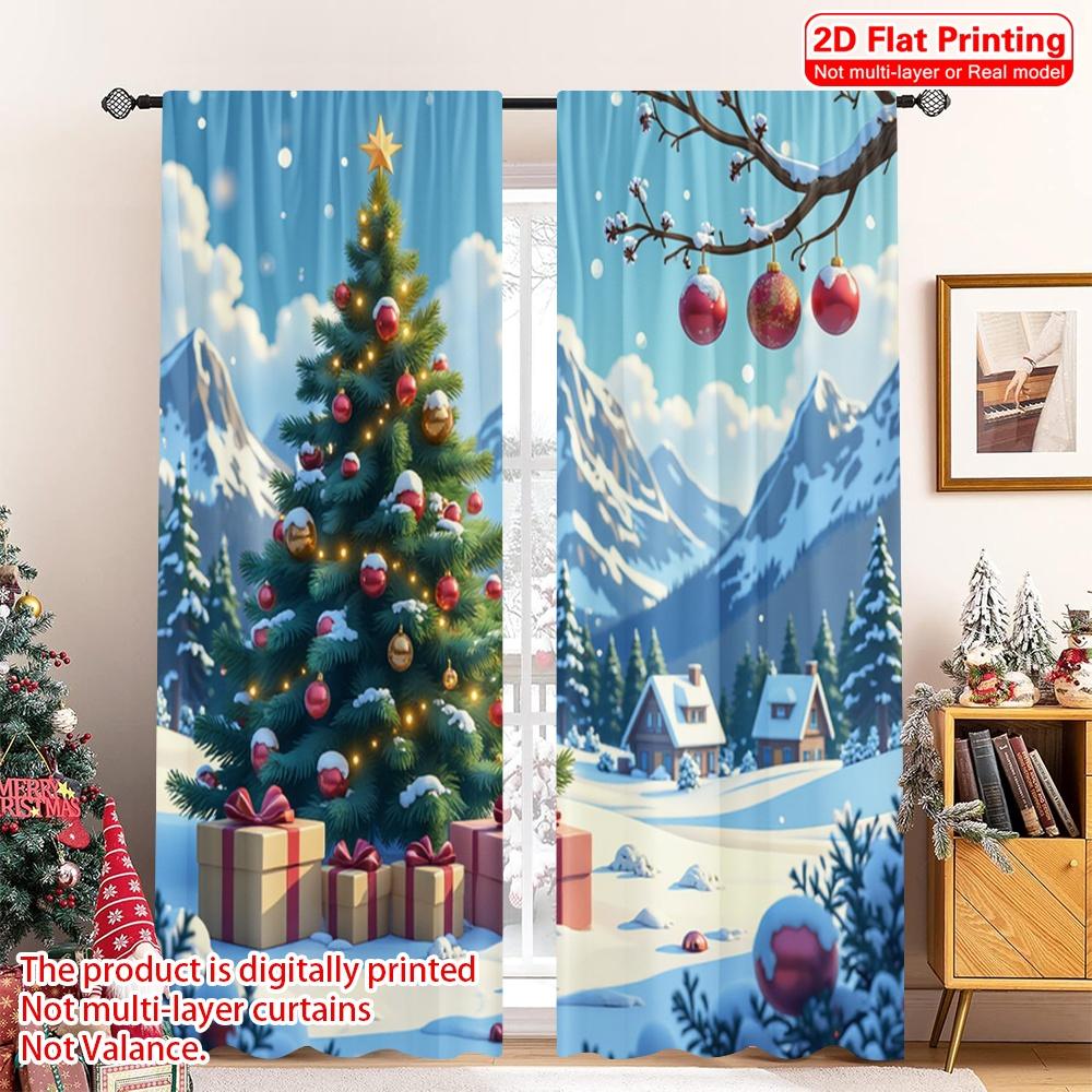 2pcs 2D Flat Printing Merry Christmas Popular Curtains Christmas Village Snow Gifts Tree Polyester Without Electricity Festive