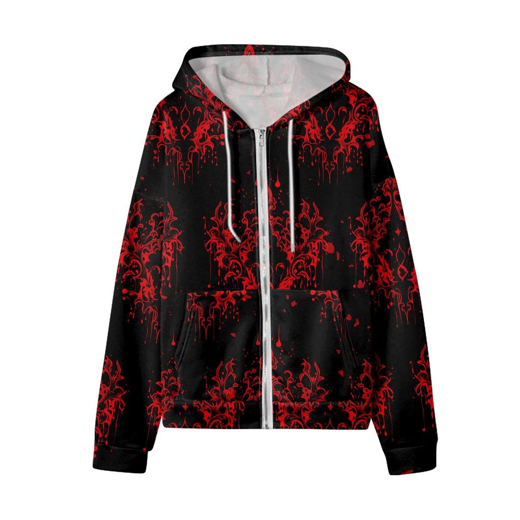 Sweat-shirt à capuche décontracté pour femme à manches longues avec fermeture éclair et cordon de serrage imprimé