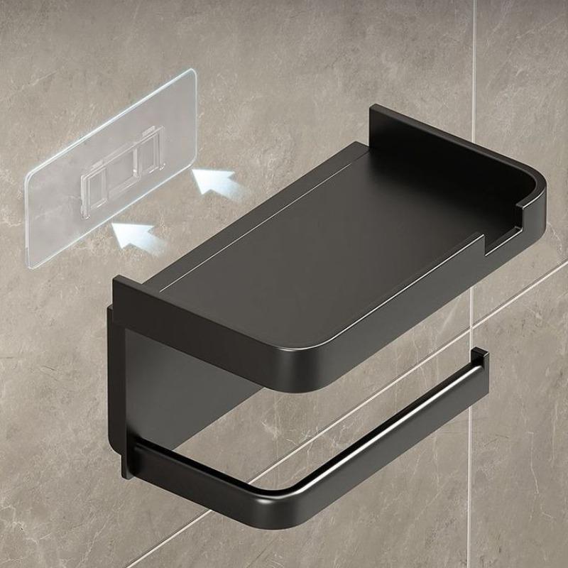 Toilet Paper Holder Black ABS No Drill Kitchen Storage Bathroom Accessories Self-Adhesive Wall Mounted Tissue Rack Mobile Shelf