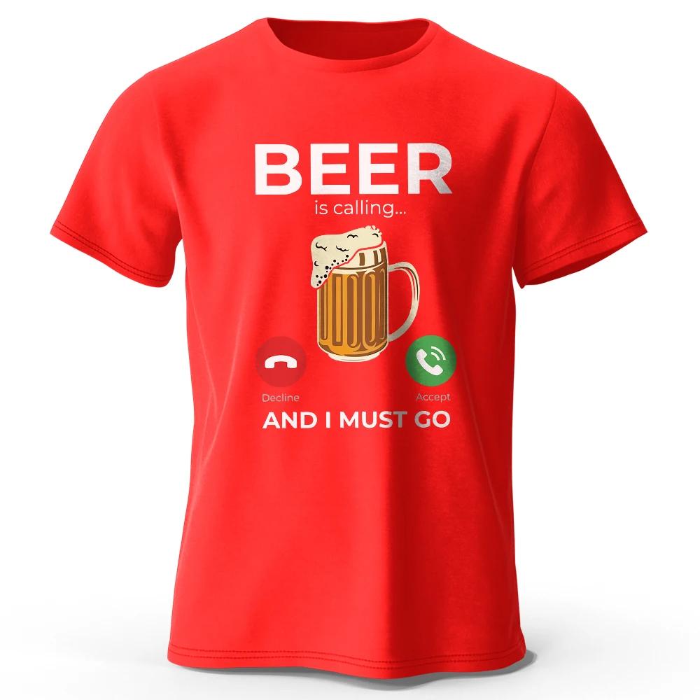 Fun slogan Web meme Beer is on the phone, I have to go printed men's T-shirt 100% cotton oversized fun graphic T-shirt Men's cas
