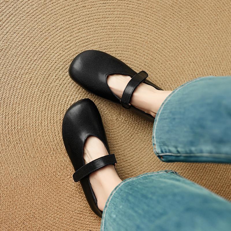 Mode Damskor nya fårskinn vår och höst rund tå mjuka och bekväma metallbältesspänne låg klack Mary Jane-skor enkel sko