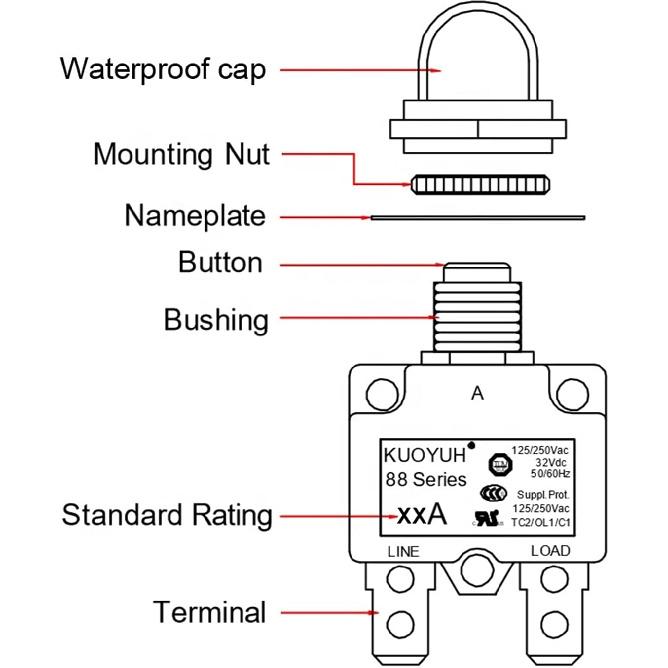 Circuit Breaker 20a Circuit Breaker Single Pole Push To Reset 32V 50VDC Thermal Overload Protector for Motor Pump(20a,with Cap)