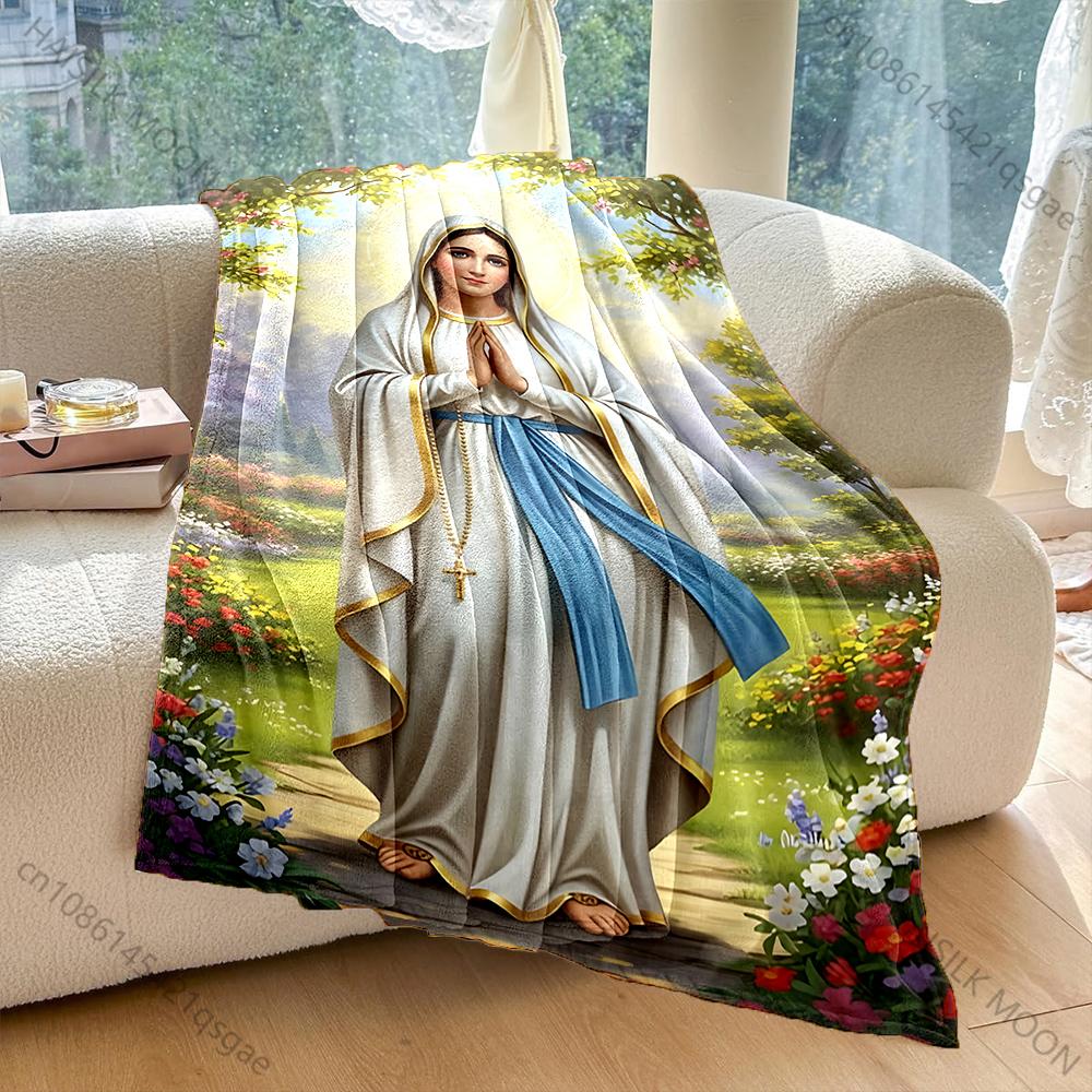 1PC Virgin Mary praying painting Faith-printed Flannel Blanket Soft and Warm Suitable for Home Travel Picnics Camping and RV