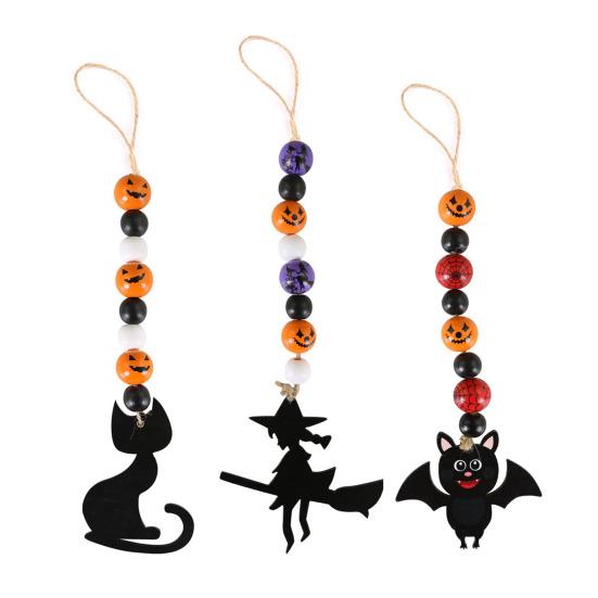 Halloween Wooden Beads Garland Hanging Pumpkin Ghost Bead with Cat Spider Witch Ornaments for Halloween Indoor Outdoor Tree Decor