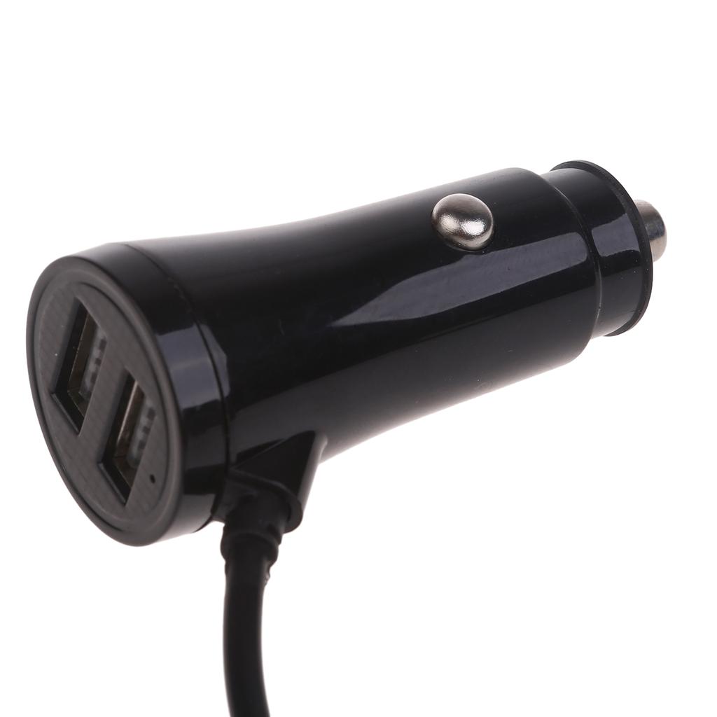 Cargador de coche USB de doble puerto con cable de carga DC5.5x2.1mm y entrada DC12V-35V para teléfonos, tabletas y grabadoras de conducción.