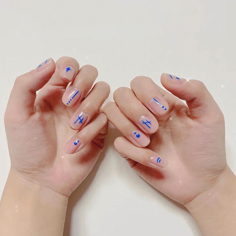 

Съемные типсы для ногтей короткой длины с леопардовым принтом и французским синим цветом Klein Blue [Glue Version]