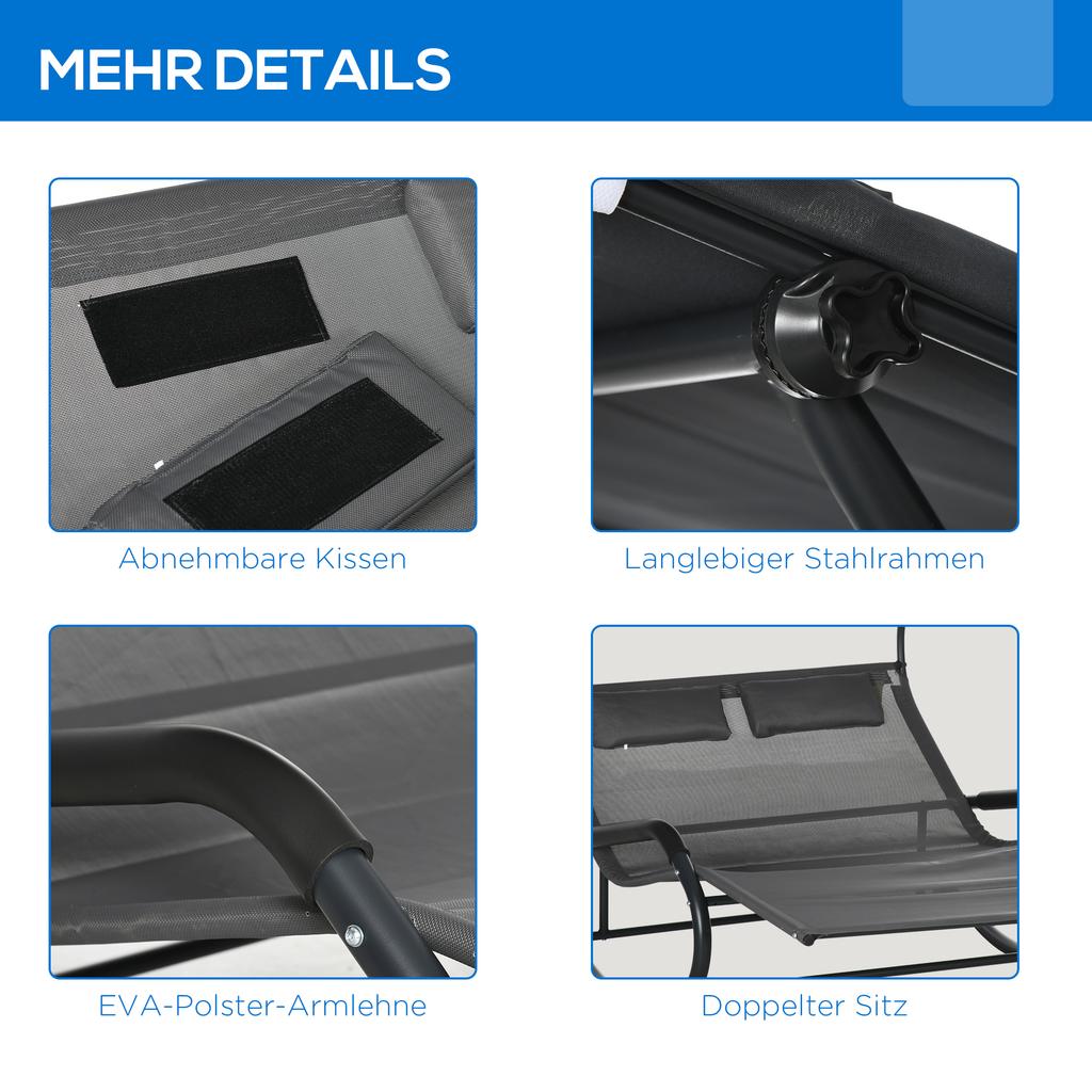 Double Sun Lounger for 2 People, Incl. Cushions and Canopy, 200 Cm X 139 Cm X 140 Cm. Dark Gray