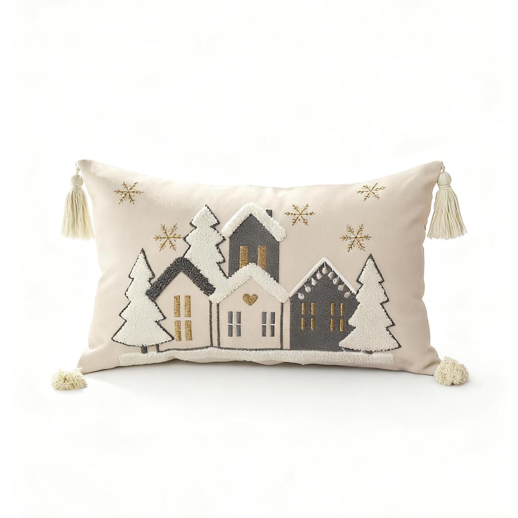 Christmas Snowflake Embroidery Throw Pillow Cover 45x45cm Red Winter Decor Farmhouse Cushion Case