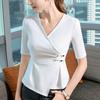 Buckle Medium-sleeved T-shirt Women's New Women's Cross V-neck Cotton T-shirt Irregular Hem Waist Top