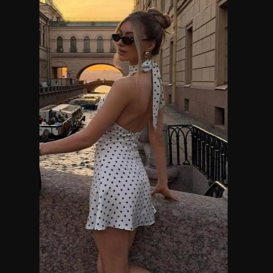 Polka Dot Printed Mini Halter Dress Backless Sleeveless A Line Short Robes Casual Party Vestidos 2026 New Slim Fit Lady Dresses