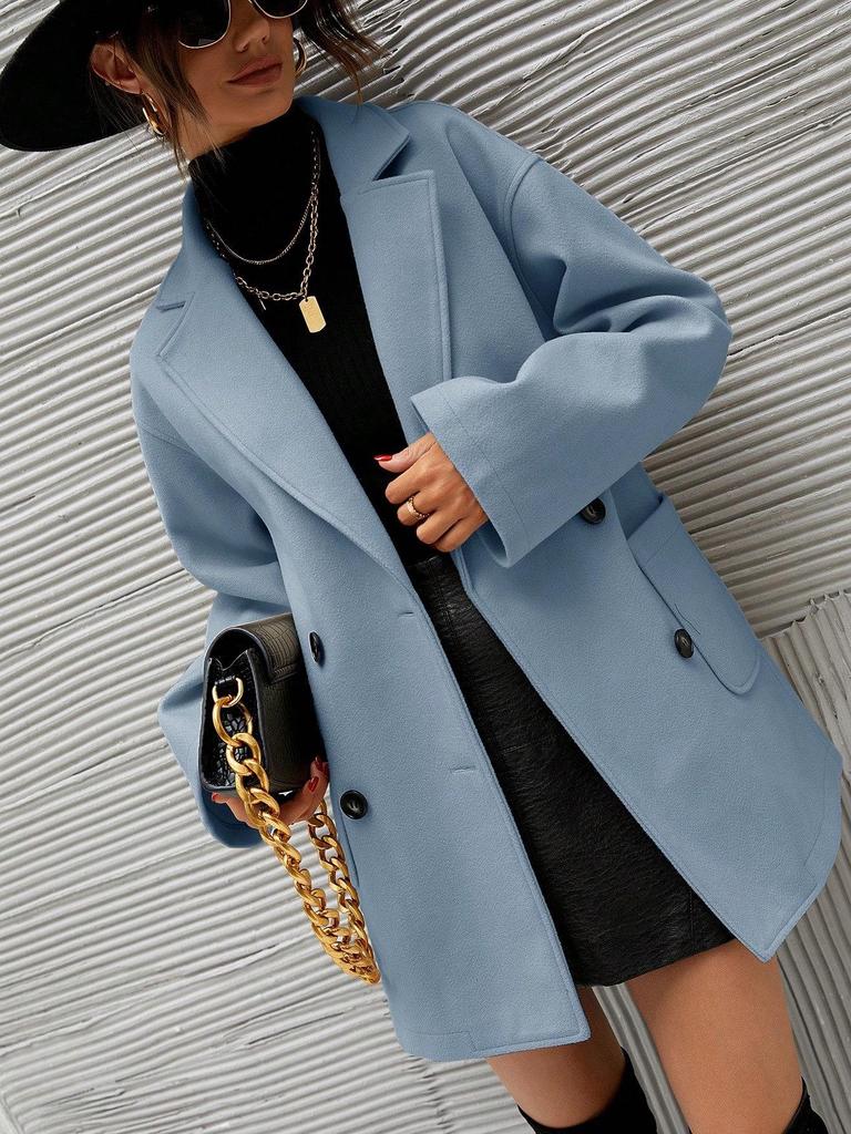Women's Autumn Wool Overcoat with Turn-Down Collar and Drop Shoulder Design