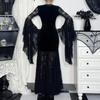Women's Velvet V-Neck Sleeve Dress with Lace Trim, Dark Gothic for Halloween