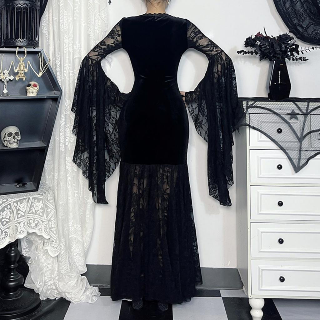 Women's Velvet V-Neck Sleeve Dress with Lace Trim, Dark Gothic for Halloween