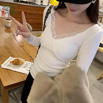 2024 Nieuw Dames Slim T-shirt met Lange Mouwen en Kantinzet