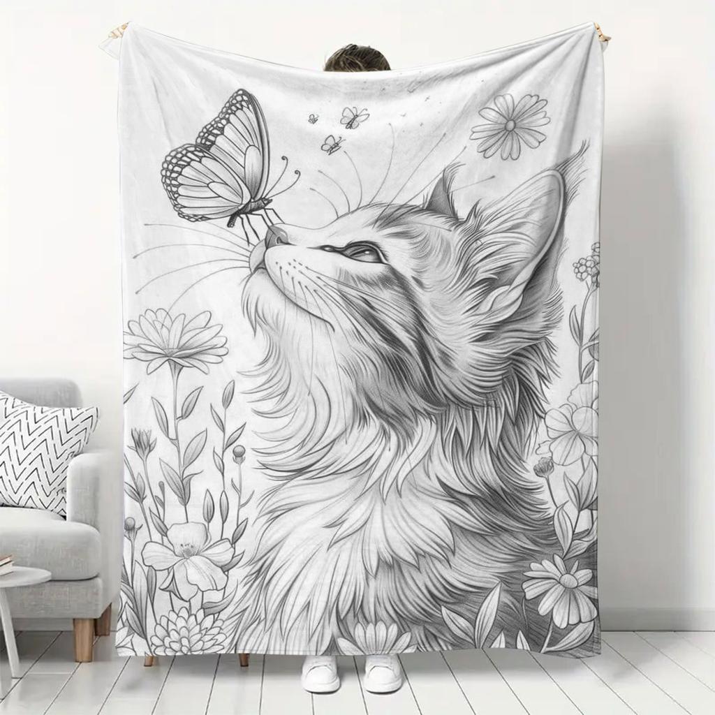 Coloring-by-Numbers Stress-Relief Hand-Painted Style American English Line Art Cat and Butterfly Flannel Blanket, Adult Healing