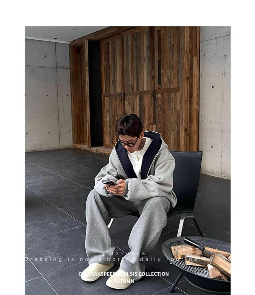 Men's Color Block Double-Zip Oversized Hooded Sweatshirt - Autumn Casual Cardigan