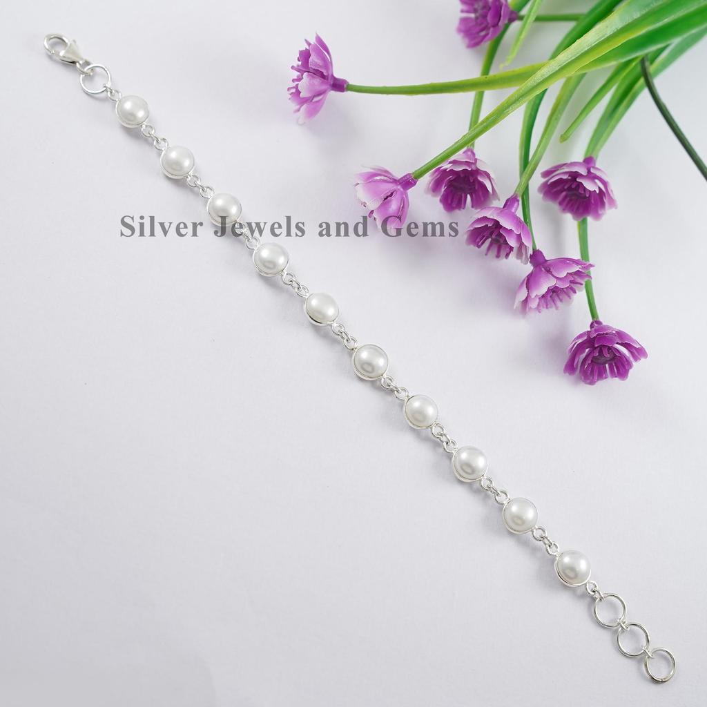 Natural Fresh Water Pearl Bracelet, 925 Sterling Silver Bracelet, Handmade Bezel Bracelet, Round Pearl Bracelet, Gift for Daughter