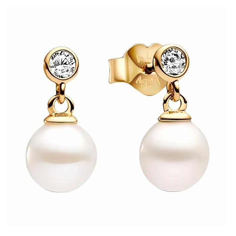Pandora Original design freshwater cultured pearl gemstone 14k gold cubic zirconia 14k gold plated earrings women s white 263153C01 золотой