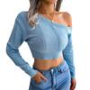 Women Autumn Winter Solid Color Hollow Off Shoulder Long Sleeve Open Navel Sweater