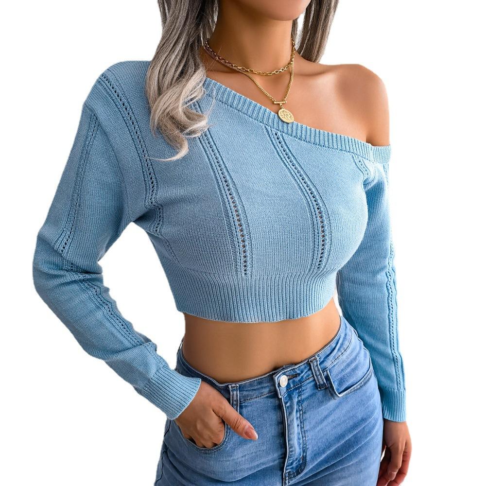Women Autumn Winter Solid Color Hollow Off Shoulder Long Sleeve Open Navel Sweater