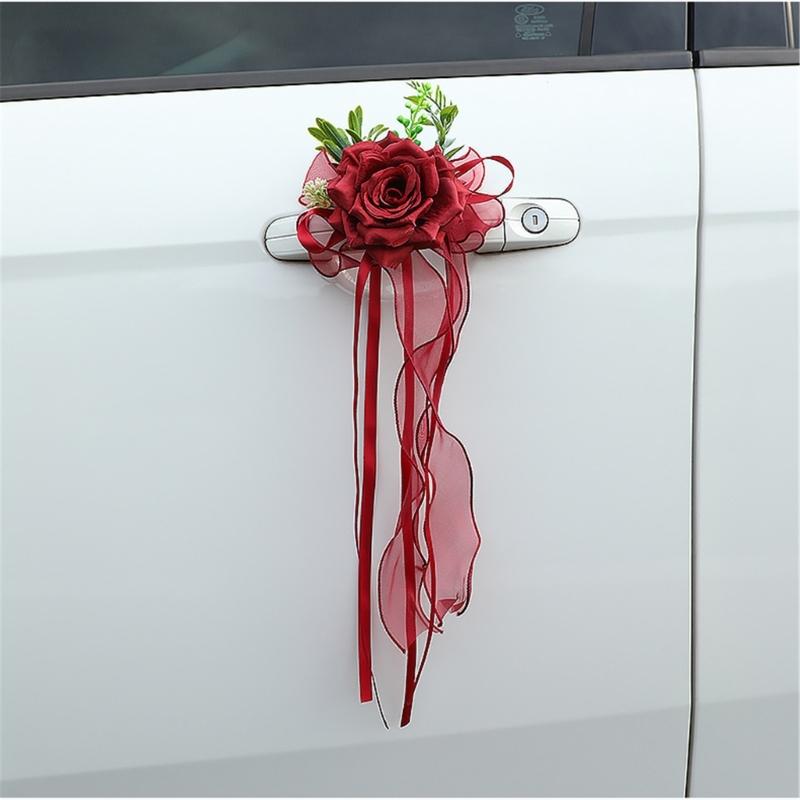 Ornement Floral pour Véhicule de Cérémonie avec Rubans de Roses Artificielles Longueurs pour Placement sur Miroir de Mariage et Accent de Voiture