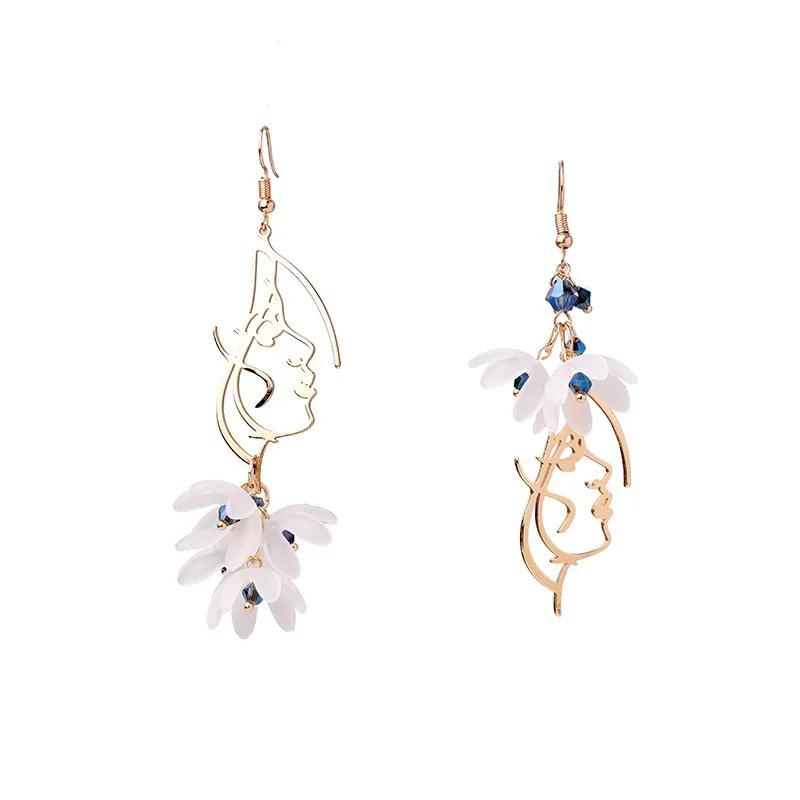 Creative White Flower Asymmetric Earrings Crystal Long Tassel Hook Earrings Women Fashion Jewelry Accessories
