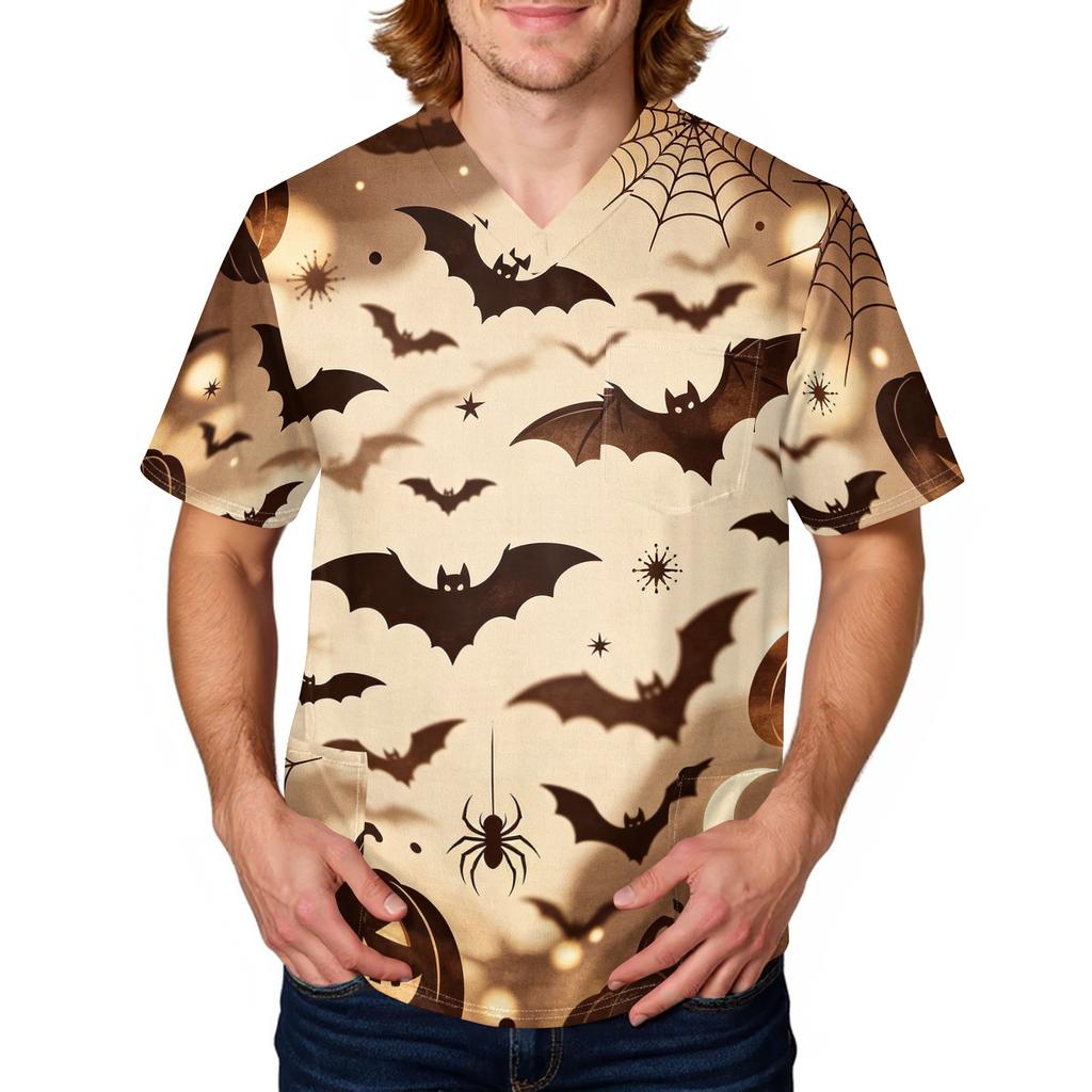 Men's Halloween Print Medical Scrub Top V Neck Pocket Comfortable Fit Daily Workwear for Healthcare Professionals