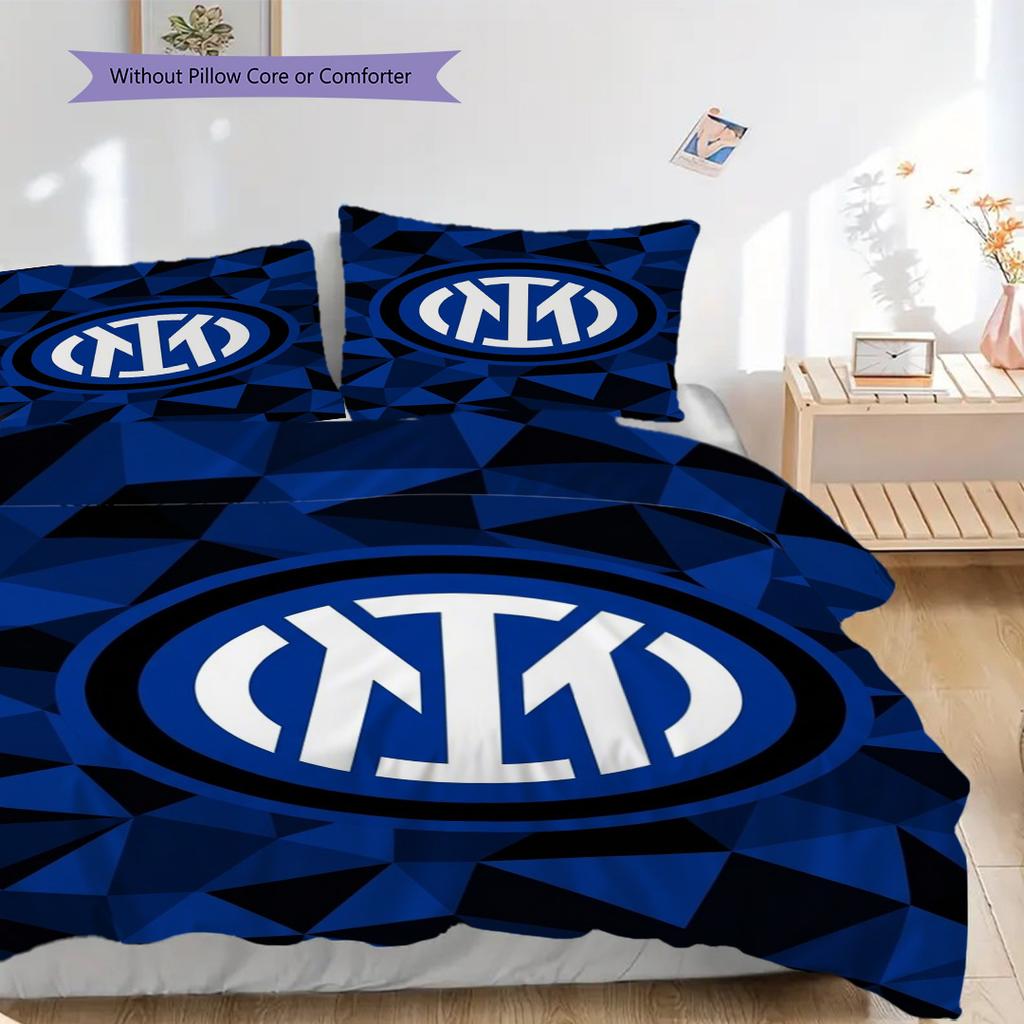Inter Milan Emblem Blue Geometric Background Three-piece set (1 * duvet cover + 2 * pillowcase, without core) Soft and comfortable