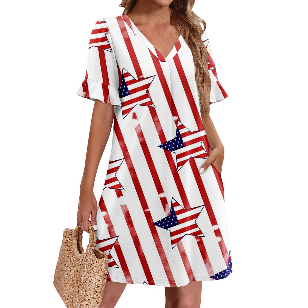 Summer Dresses For Women V Neck Ruffle Short Sleeve Casual Loose  Independence Printing Dress Beach Dress With Pockets