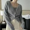Korean V Neck Cropped Knit Cardigan Women Coat Spring Autumn Solid Color Elegant Slimming Top