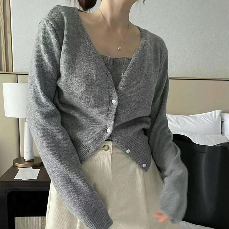 Korean V Neck Cropped Knit Cardigan Women Coat Spring Autumn Solid Color Elegant Slimming Top