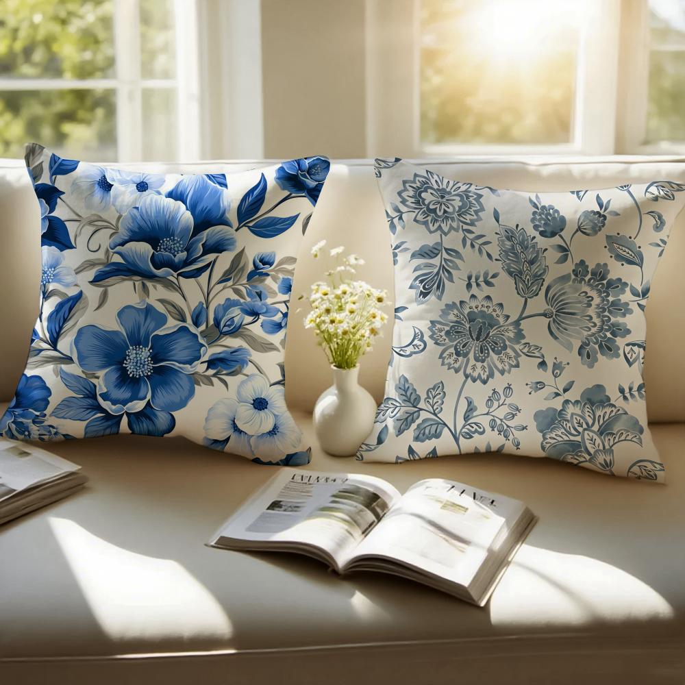Ethnic Style Blue Floral Pattern Printing Cushion Cover Pillowcase Antidustmite Invisible Zipper Short Plush Sofa Cushion