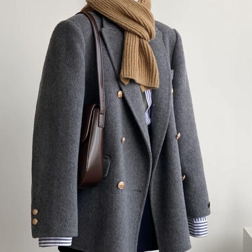 

Women s Petite Gray Wool Coat - Korean Style, Short Suit for Autumn/Winter 2025 S (Up to 105 Jin)
