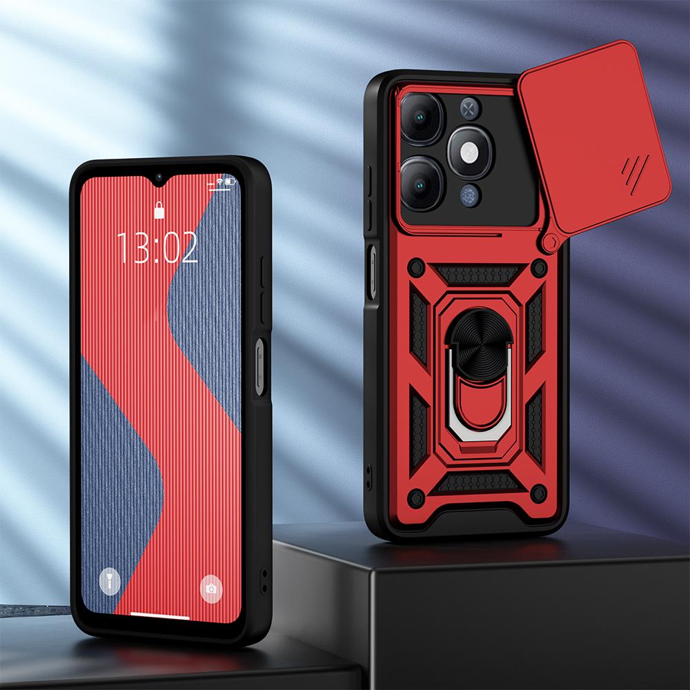 KEYSION Shockproof Armor Case for Itel A90 4G Silicone+PC Slide Camera Lens Protection Ring Stand Phone Back Cover for Itel A90