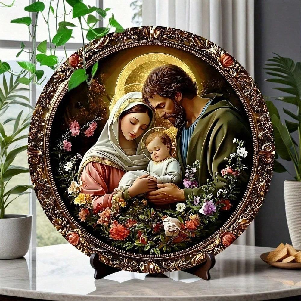 Metal Nativity Scene Christmas Wall Art Round Aluminum Decor Home Gift