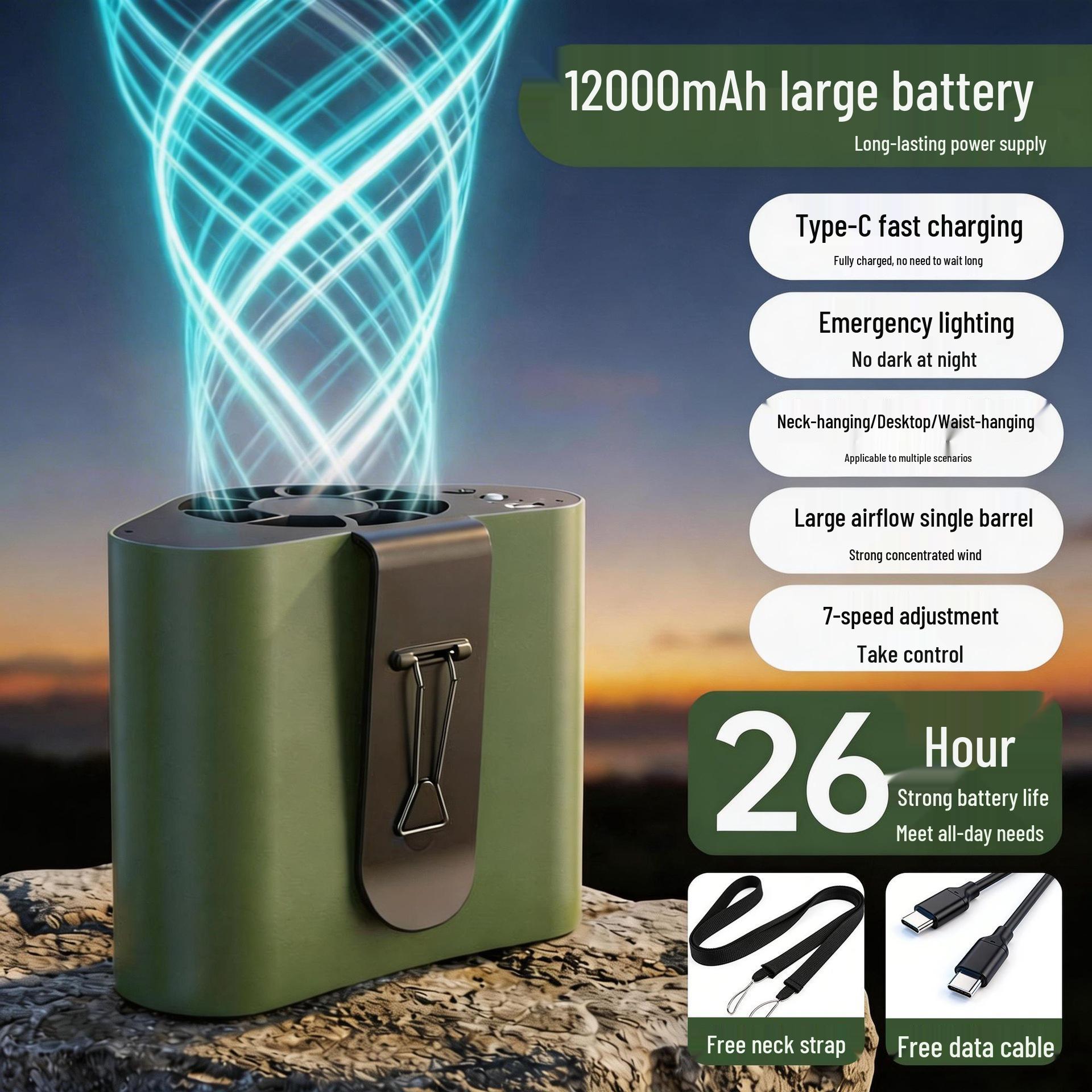 26-Hour Neck Hanging Fan: Powerful Cooling for Outdoor Work, Fishing & More 8-26 Hours Battery Life, 12000mAh