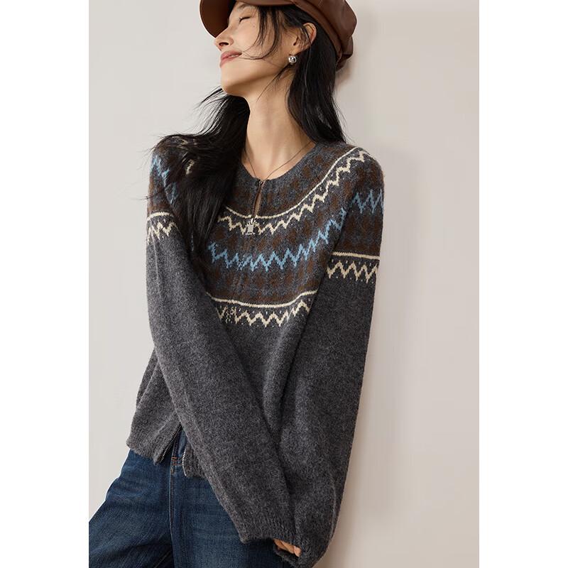 VICTORIA&VERA Women's Winter Fair Isle Retro Round Neck Knit Sweater with Double Zipper
