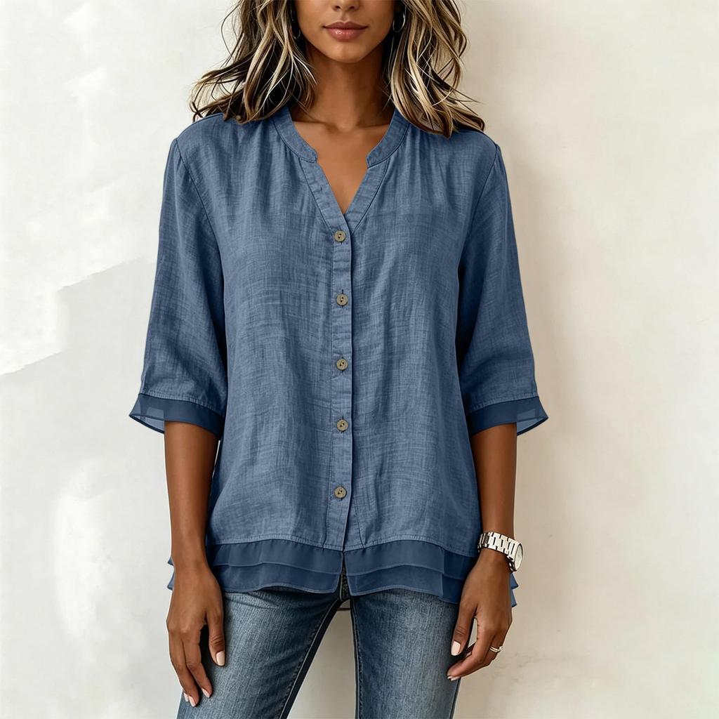 Women V Neck Button Down 3/4 Sleeve Loose Fit Blouse Lightweight Layered Hem Casual Tunic Top for Daily Wear