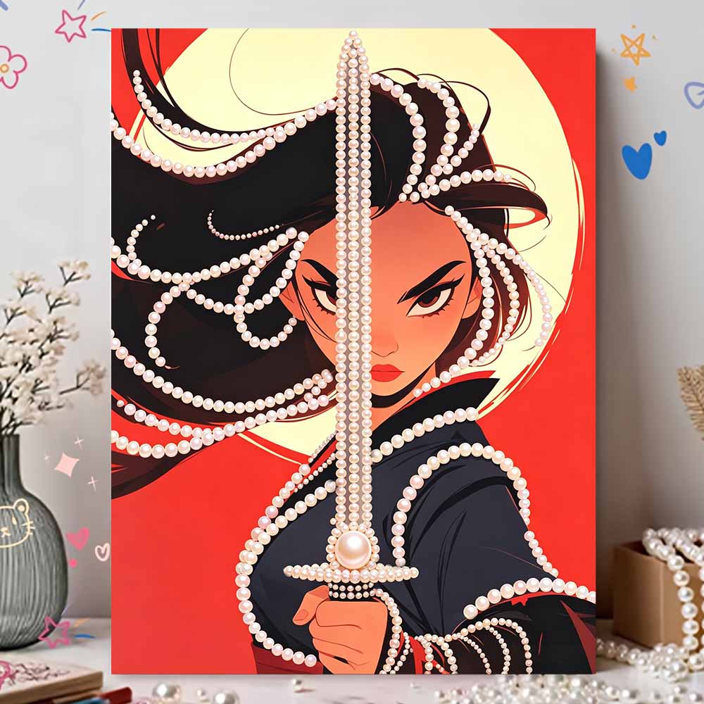 Disney Pearl Painting Mulan Red Sun Background Blend 5D DIY Pearl Picture Crafts for Adults/Beginners Gift Ideas Home Decor