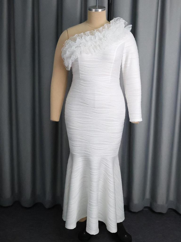 Plus Size White One Shoulder Mermaid Ruffle Evening Gown