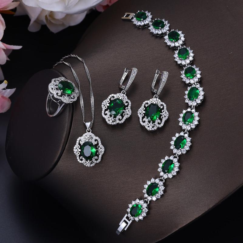 

Комплект украшений изумрудами, кольцо, браслет, ожерелье, серьги 10#