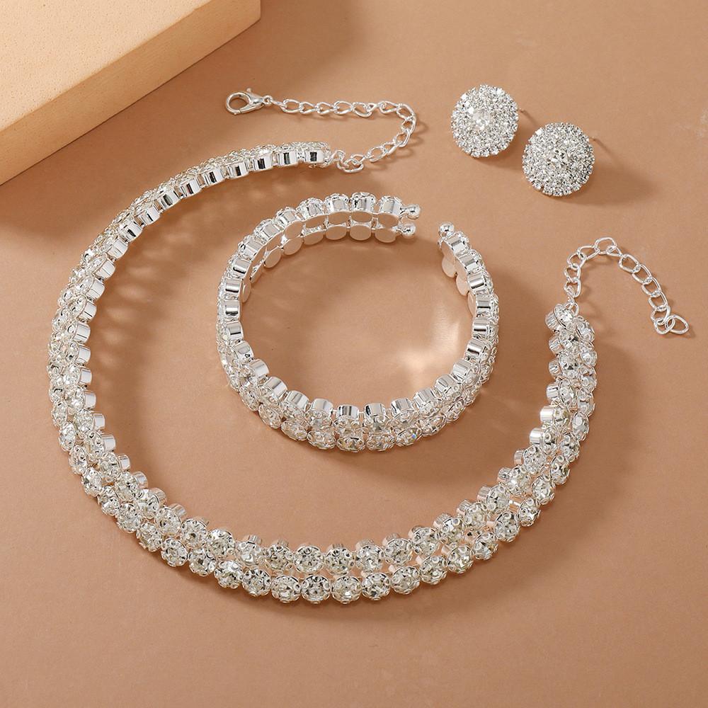Double Layer Bridal Jewelry Set With Water Diamonds Pendant And Bracelet For Women