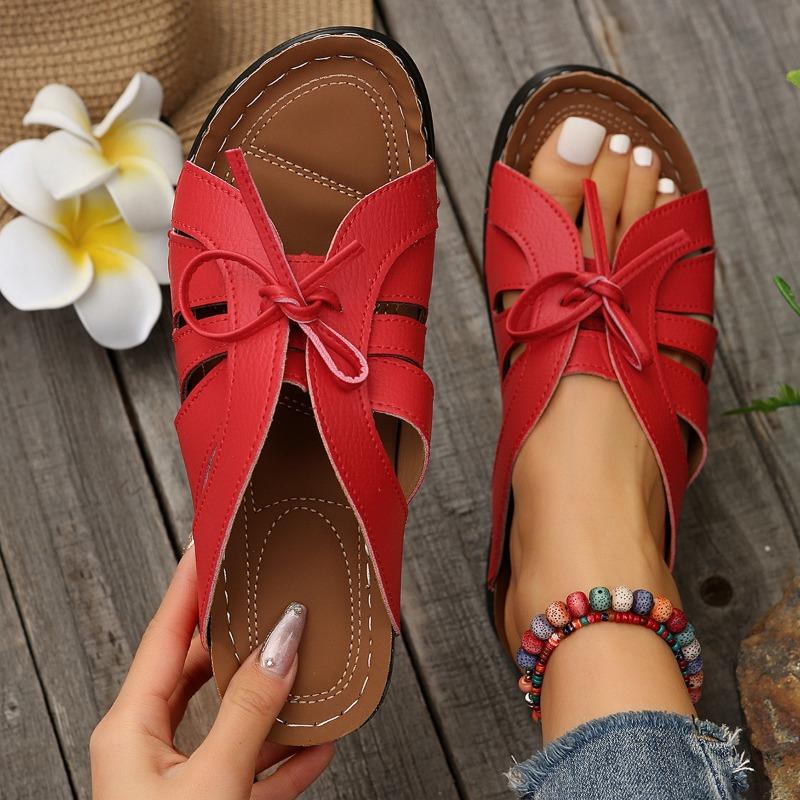 New summer women's wedge heel fish mouth slippers solid color large size bow decorative sandals women