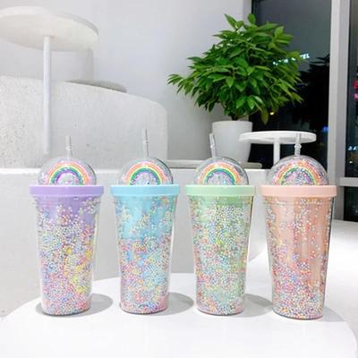 Double Layers Rainbow Plastic Water Bottle with Straw Korean Style Creative Sweet Mug for Milk Coffee Tea Cup Water Bottles