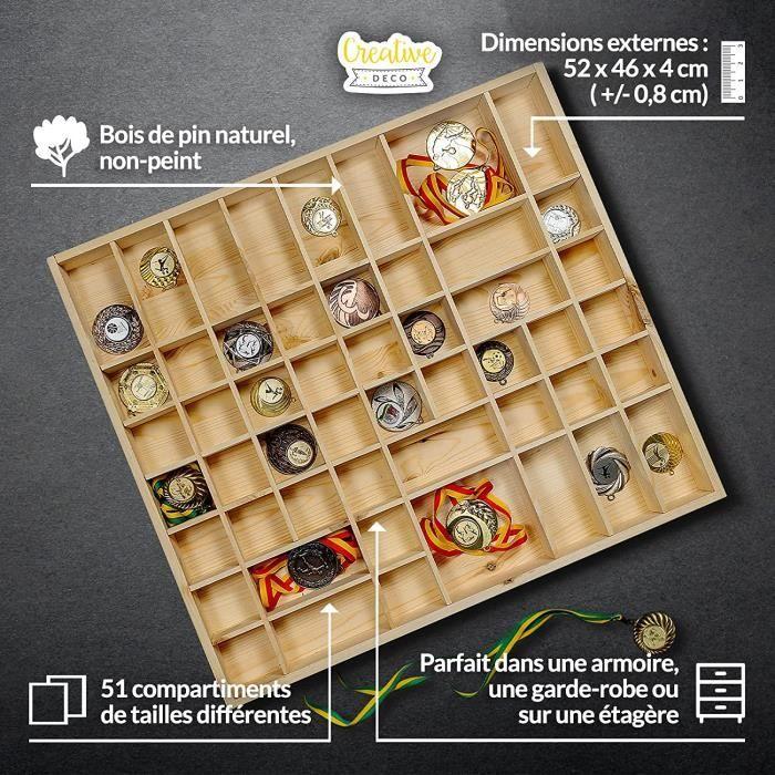 Creative Deco Vitrine Plateau Étagère en Bois | 51 Compartiments | 52 x 46 x 5 cm | Rangement Bijoux Armoire Tiroir | Organisateur